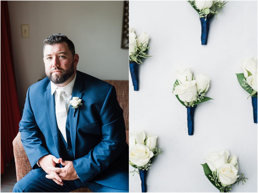 Groom getting ready the morning of his wedding. Groom's details photo of  navy and white boutonnieres. Ballyowen at Crystal Springs summer wedding. Renee Ash Photography
