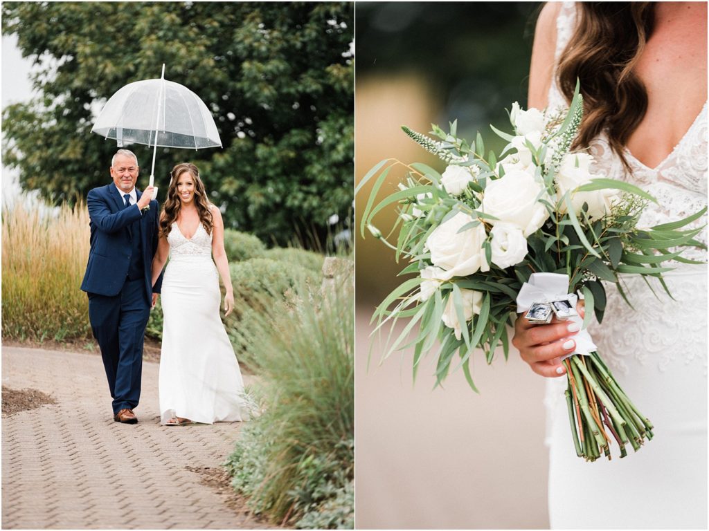 Father of the bride holding an umbrella over his daughter as they walk over to the first look.  Bouquet charms with photos of the bride's grandparents. Ballyowen at Crystal Springs summer wedding. Renee Ash Photography