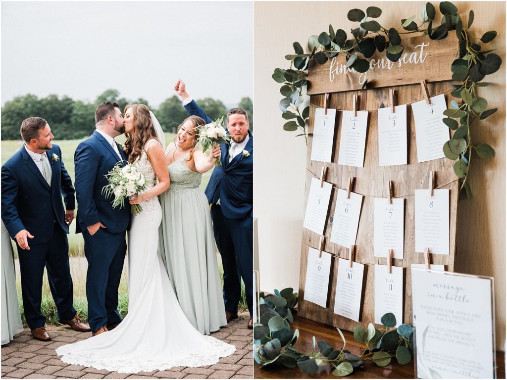 Bridal party portrait. Sage green bridesmaid dresses, Navy blue groomsmen suits. Wood and clothespin seating chart sign. Ballyowen at Crystal Springs summer wedding. Renee Ash Photography