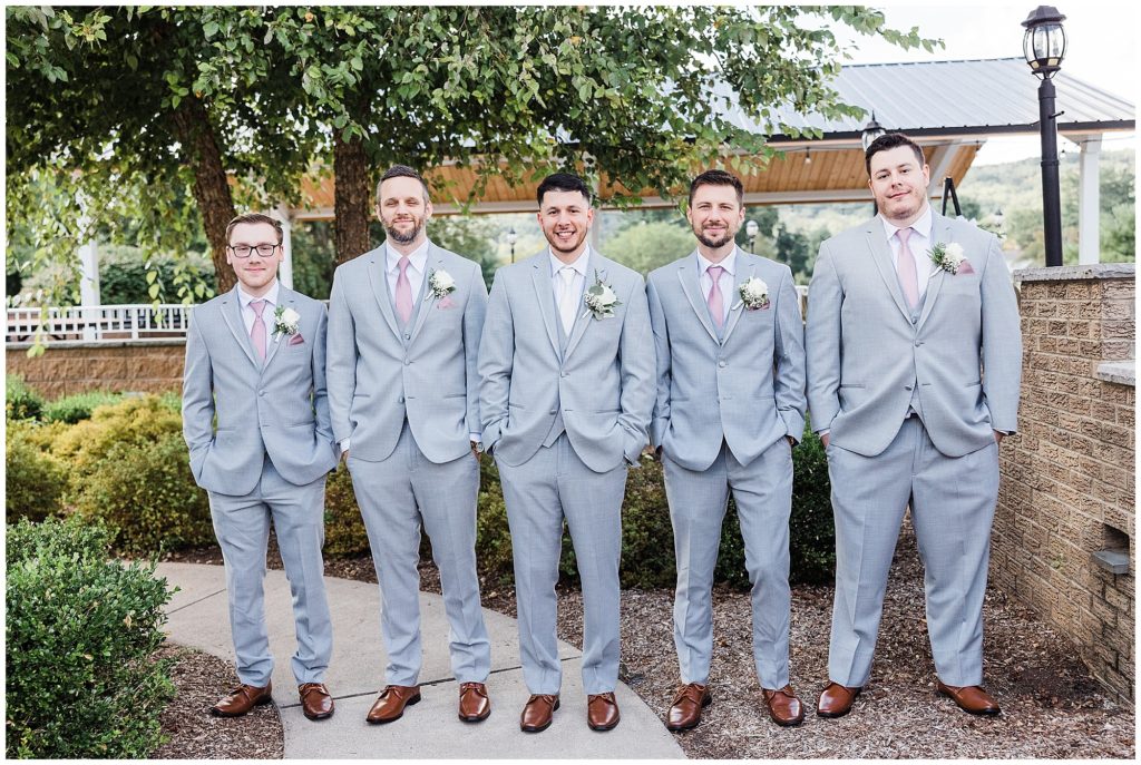 Groomsmen Portraits in light grey mens wearhouse suits at the Club at Picatinny. NJ wedding venue