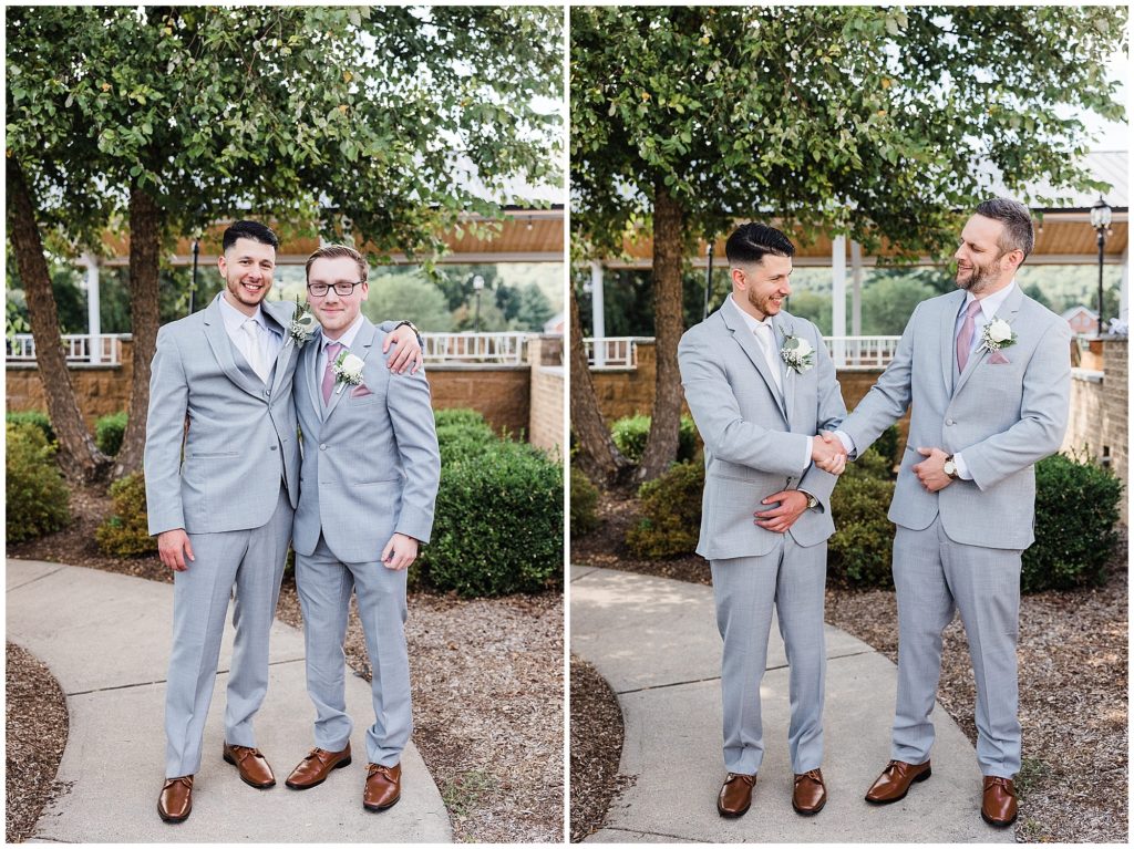 Groomsmen Portraits in light grey mens wearhouse suits at the Club at Picatinny. NJ wedding venue