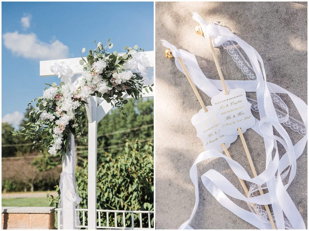 Ceremony arch and wedding day ribbon wands.