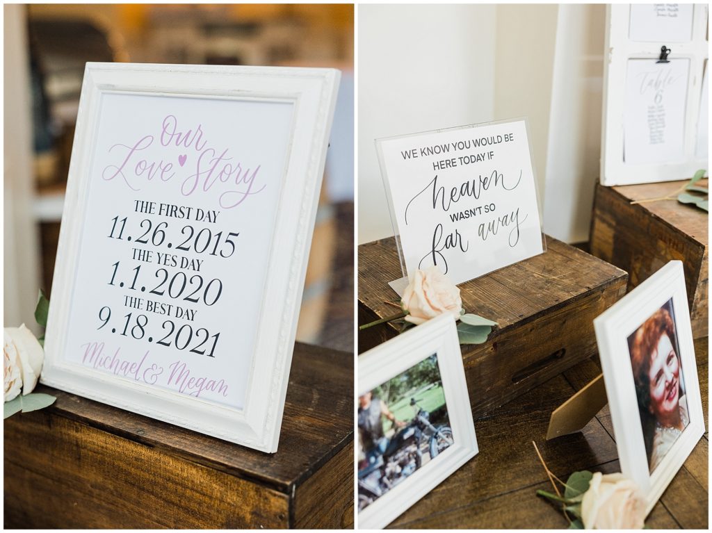 Wedding day reception decor signs. Our love story with dates. Memorial table with sign and photos of deceased family members. at The Club at Picatinny. Renee Ash Photography