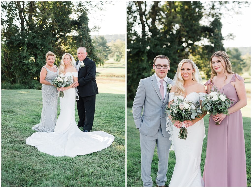 Family formal photos at The Club at Picatinny.  Pronovias wedding dress. Blush pink Bridesmaids dresses from Azazie. White rose and Eucalyptus bouquets. Renee Ash Photography