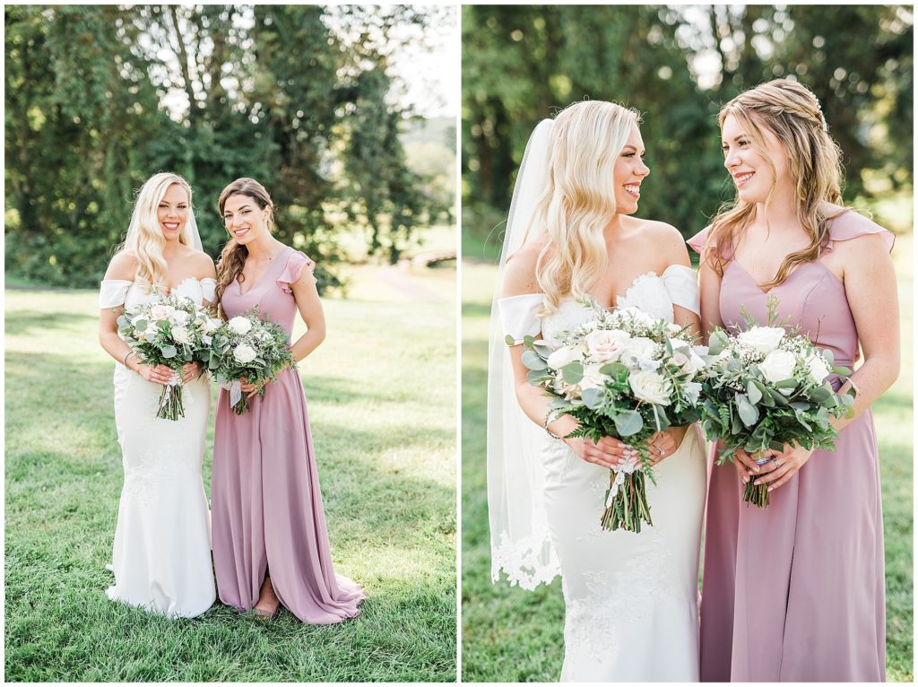 Bride and three bridesmaids at The Club at Picatinny.  Pronovias wedding dress. Blush pink Bridesmaids dresses from Azazie. White rose and Eucalyptus bouquets. Renee Ash Photography