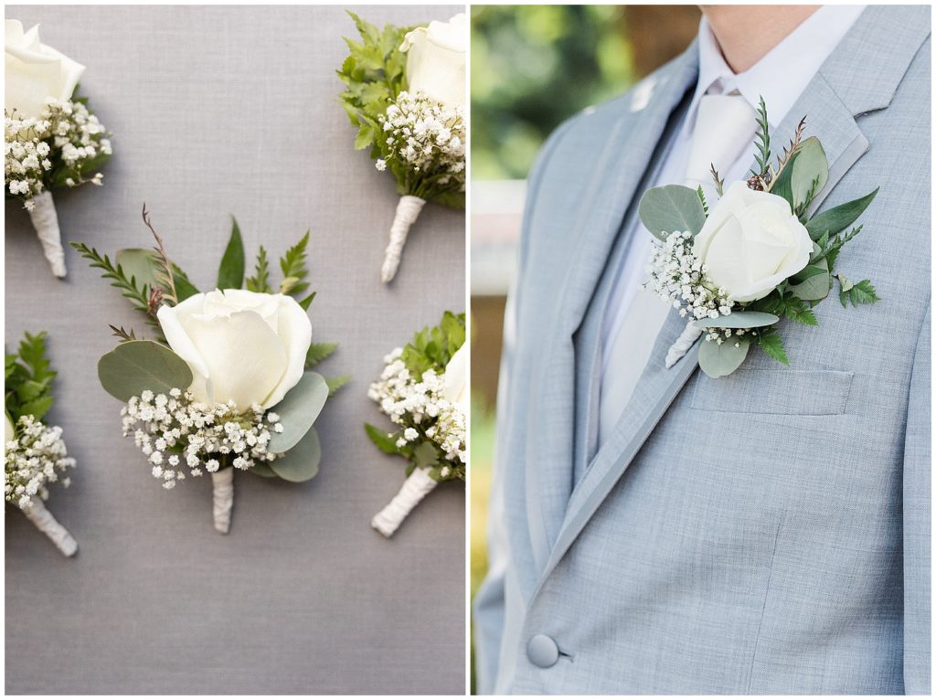 Groom at The Club at Picatinny.  New Jersey wedding venue. White rose and Eucalyptus boutonniere. Renee Ash Photography
