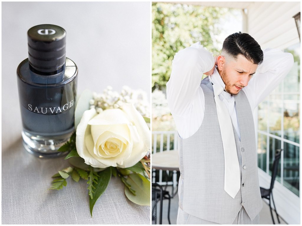 Groom getting ready  at The Club at Picatinny. Sauvage cologne.  New Jersey wedding venue. Renee Ash Photography