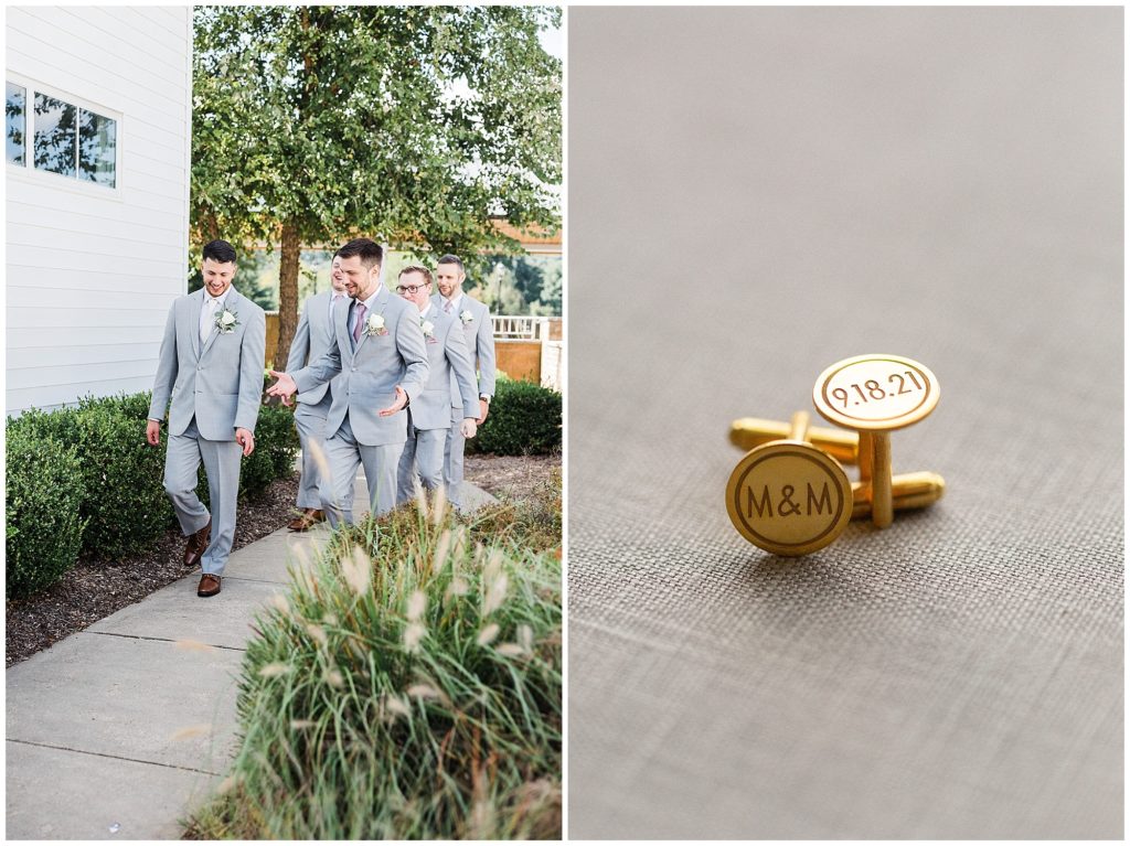 Groomsmen at The Club at Picatinny.   NJ wedding venue. White rose and Eucalyptus boutonniere. Custom wedding date and initials cuff links groom's gift. Renee Ash Photography