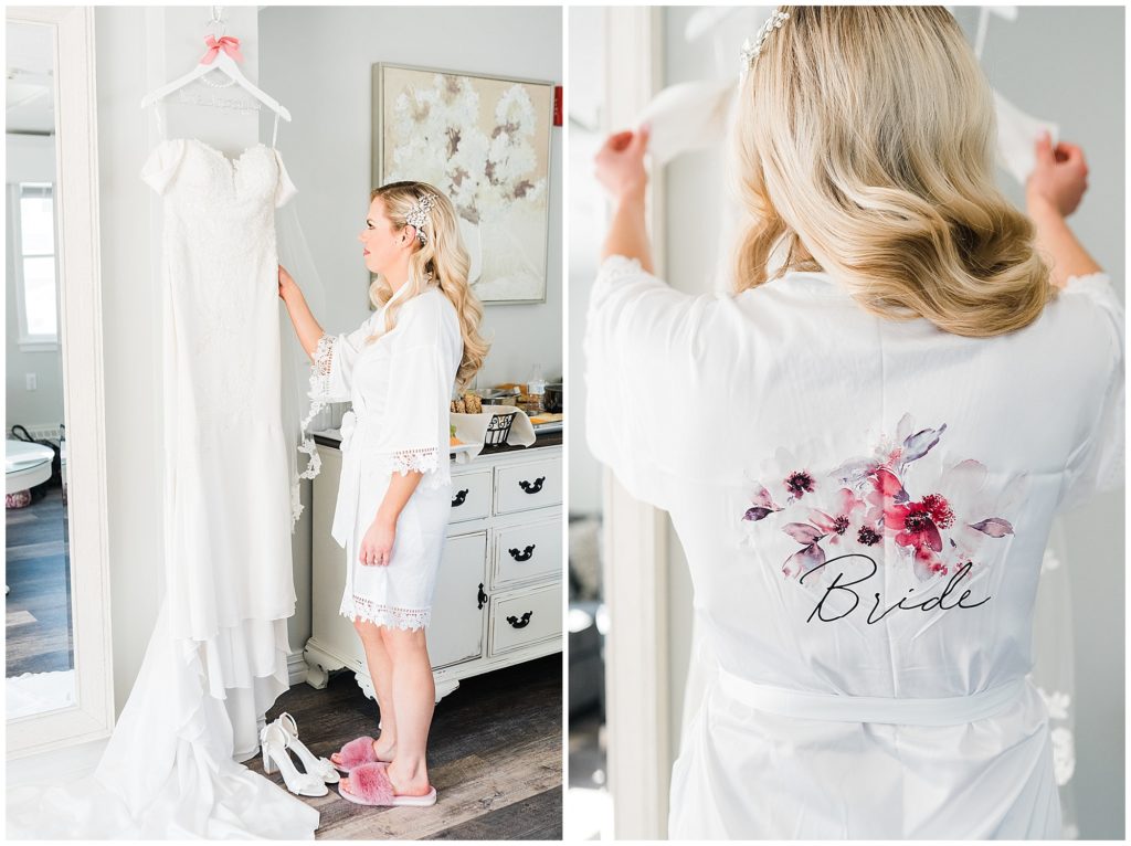 Bride getting ready in her white bride robe  at The Club at Picatinny.  New Jersey wedding venue. Renee Ash Photography