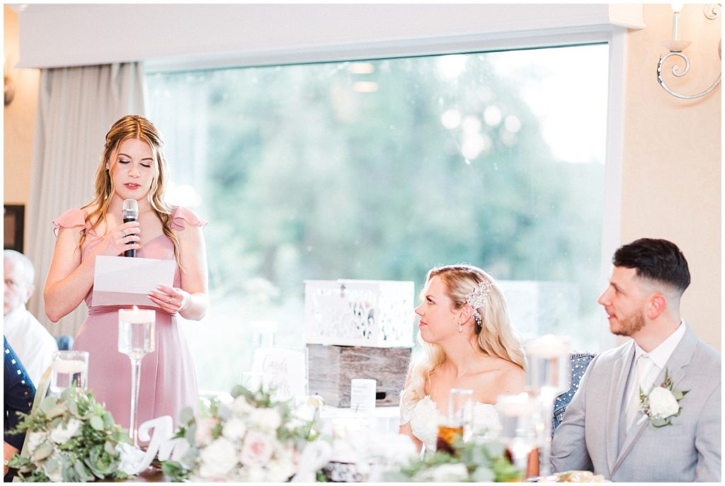 Maid of Honor speech at the head table of The Club at Picatinny. Renee Ash Photography