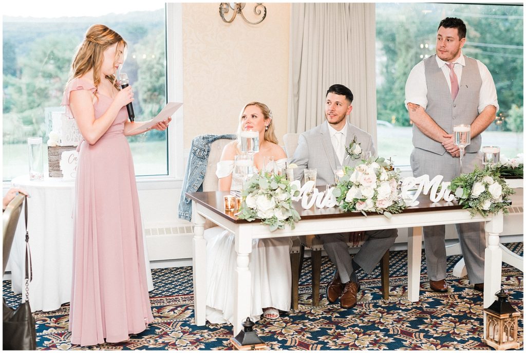 Best man and Maid of honor speeches at the head table of The Club at Picatinny. Renee Ash Photography