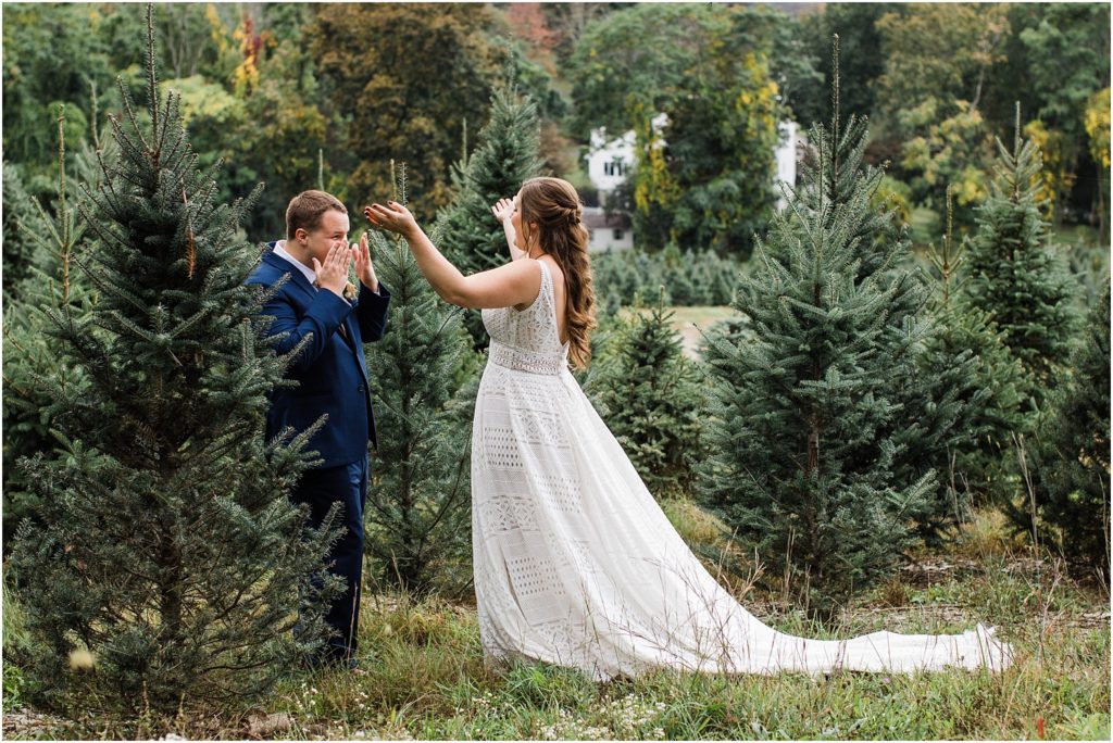 First look with bride and groom at 
Emmerich Tree Farm Wedding warwick NY 