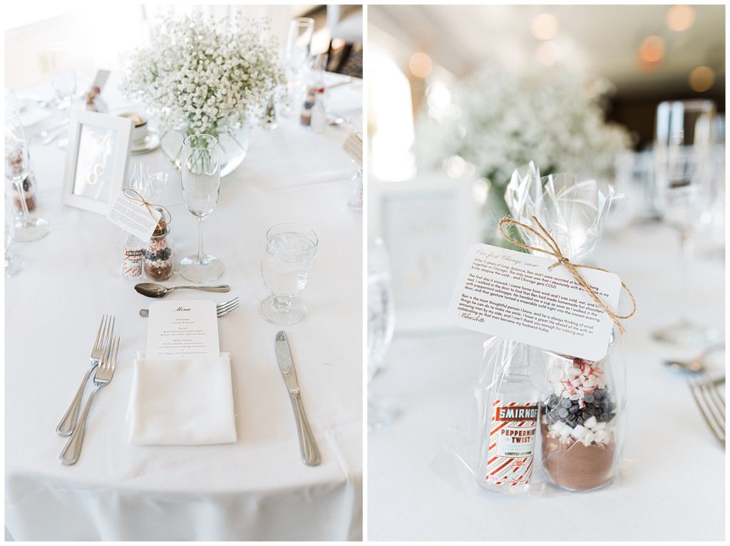 Hot cocoa and peppermint schnapps favors at a fall wedding at the club at picatinny wedding by Renee Ash Photography Sussex County NJ wedding photographer 