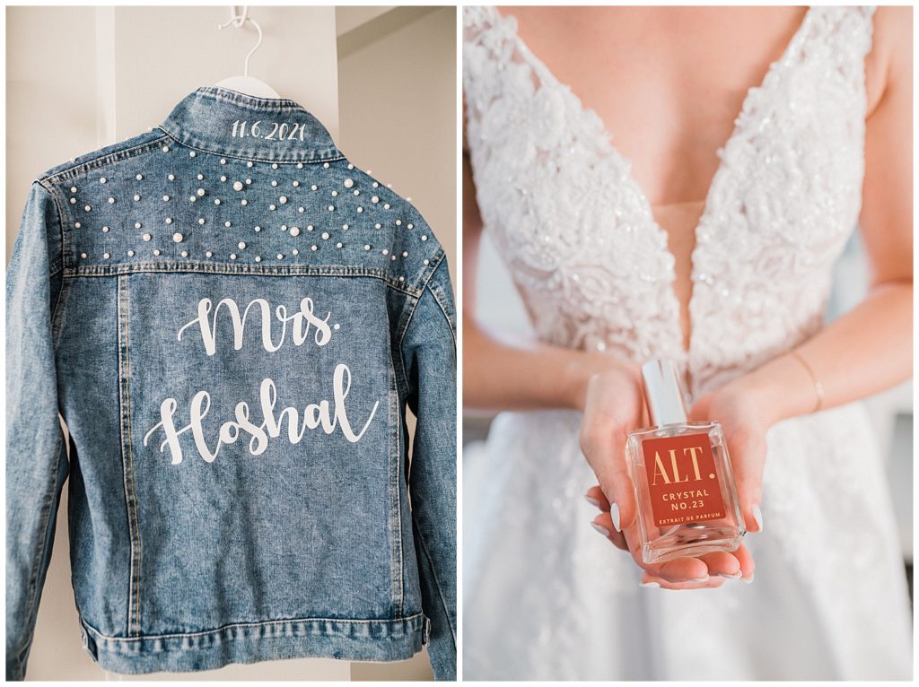 ALT. Crystal perfume. 
custom painted jean jacket for the bride on her wedding day with her new last name and wedding date. 