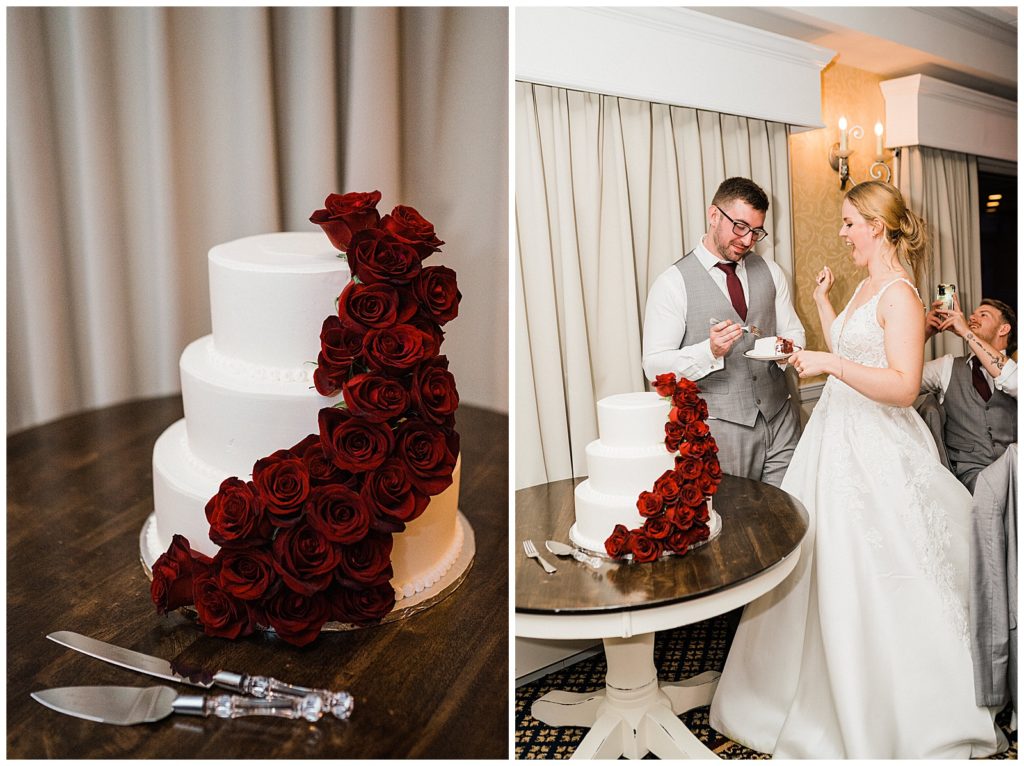 Callandras red velvet wedding cake with red roses cascade. fall wedding at the club at picatinny wedding by Renee Ash Photography Sussex County NJ wedding photographer 