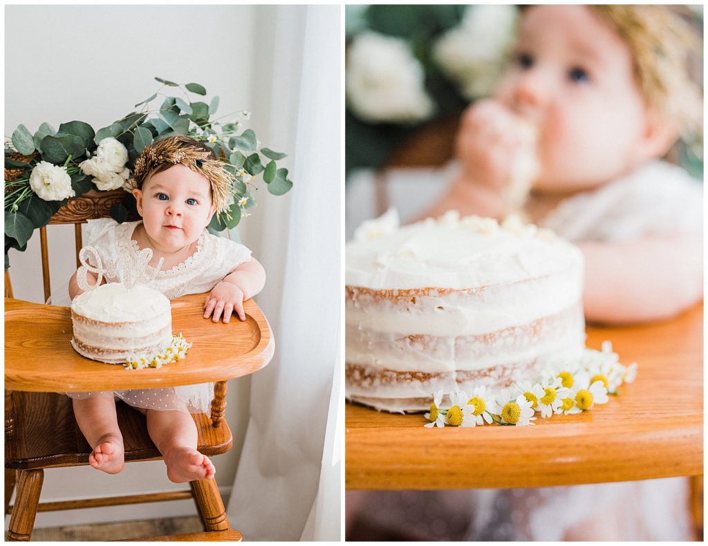 vintage high chair with florals. simple boho first birthday girl pictures with sister in a photo studio in vernon new jersey 