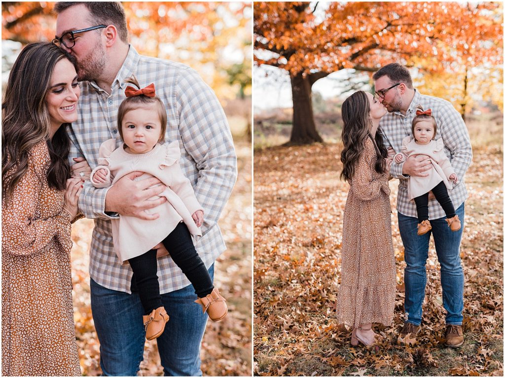 first birthday pictures with a one year old girl in the fall leaves in October. Central Park of Morris Plains NJ Family photographer Renee Ash Photography
