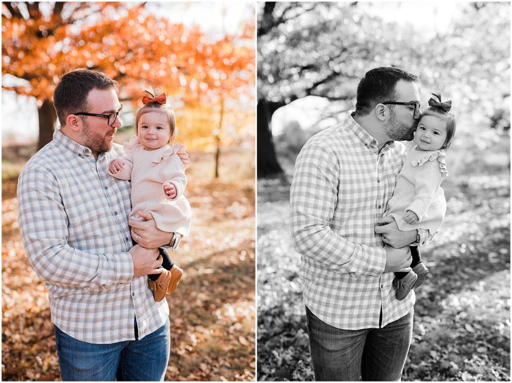 Fall Family of three first birthday pictures with a one year old girl in the fall leaves in October. Central Park of Morris Plains NJ Family photographer Renee Ash Photography