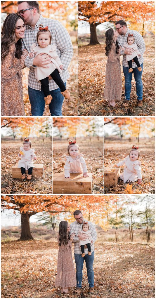 Fall First Birthday Pictures in October. Orange and neutral cream color wardrobe. Mom and dad with one year old baby girl. Morris County NJ family photographer. Renee Ash Photography