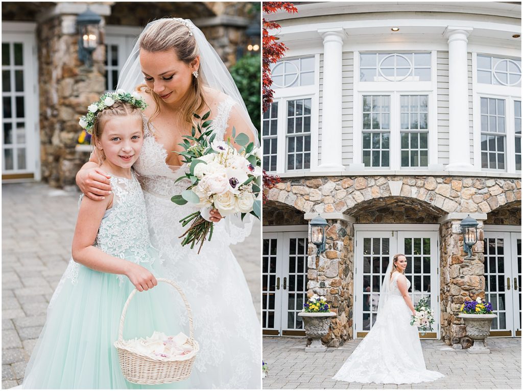 Bride and her flower girl in mint green flower girl dress and floral crown in the courtyard at The Olde Mill Inn Wedding Venue in Northern NJ. by Renee Ash Photography 