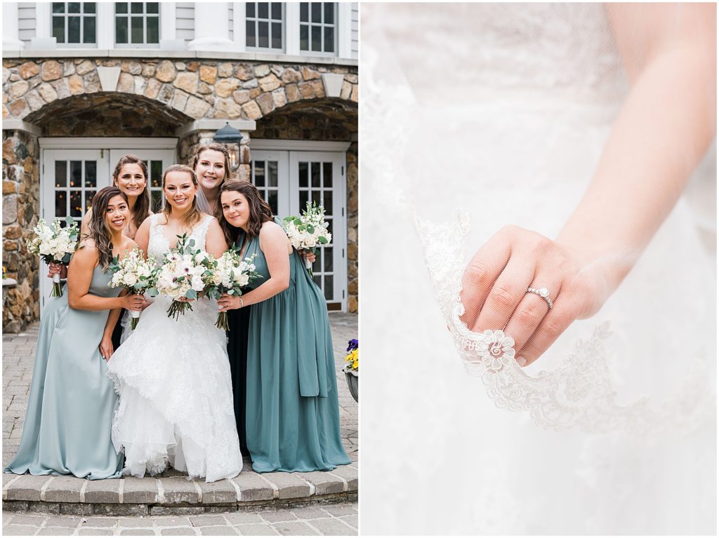 lace bordered veil and engagement ring photo. Bridal Party photos in the courtyard at The Olde Mill Inn Wedding Venue in Northern NJ. by Renee Ash Photography 