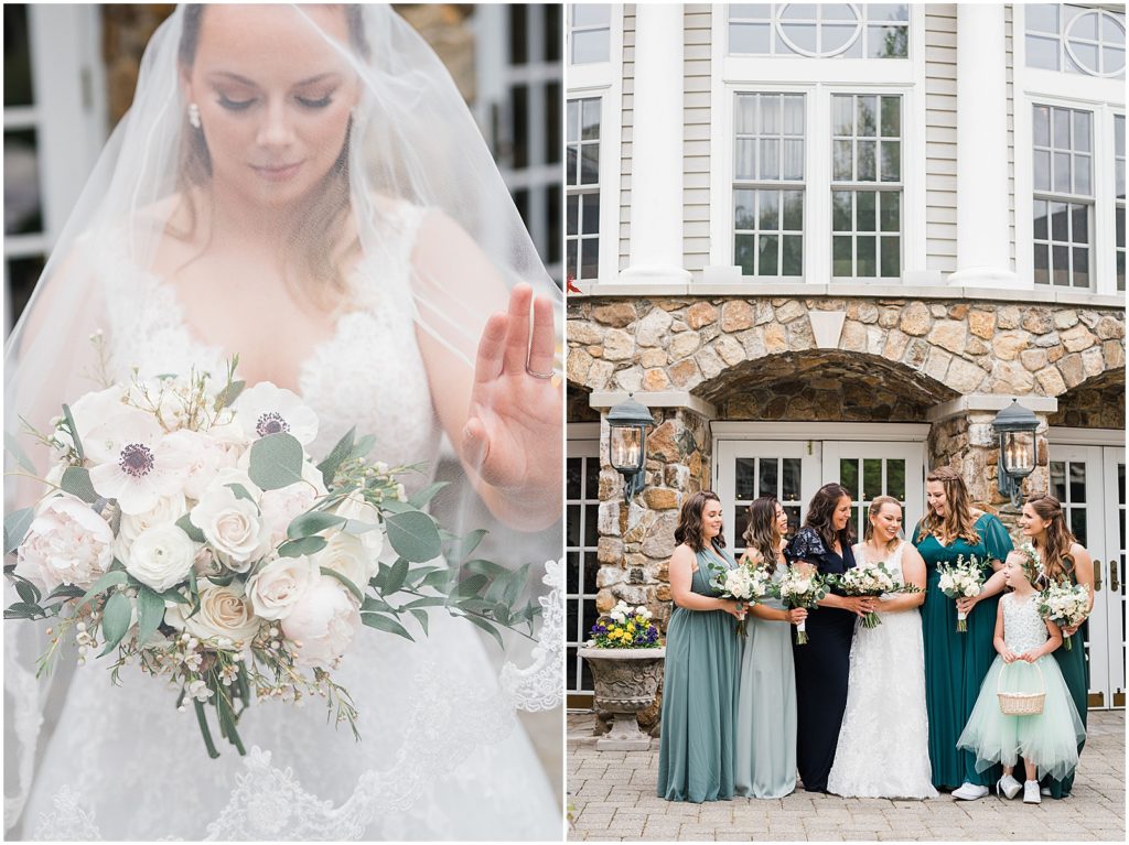 Bride and her five bridesmaids in mix and match green bridesmaid gowns and white and green bouquets by Olivia floral designs. Bridal Party photos in the courtyard at The Olde Mill Inn Wedding Venue in Northern NJ. by Renee Ash Photography 