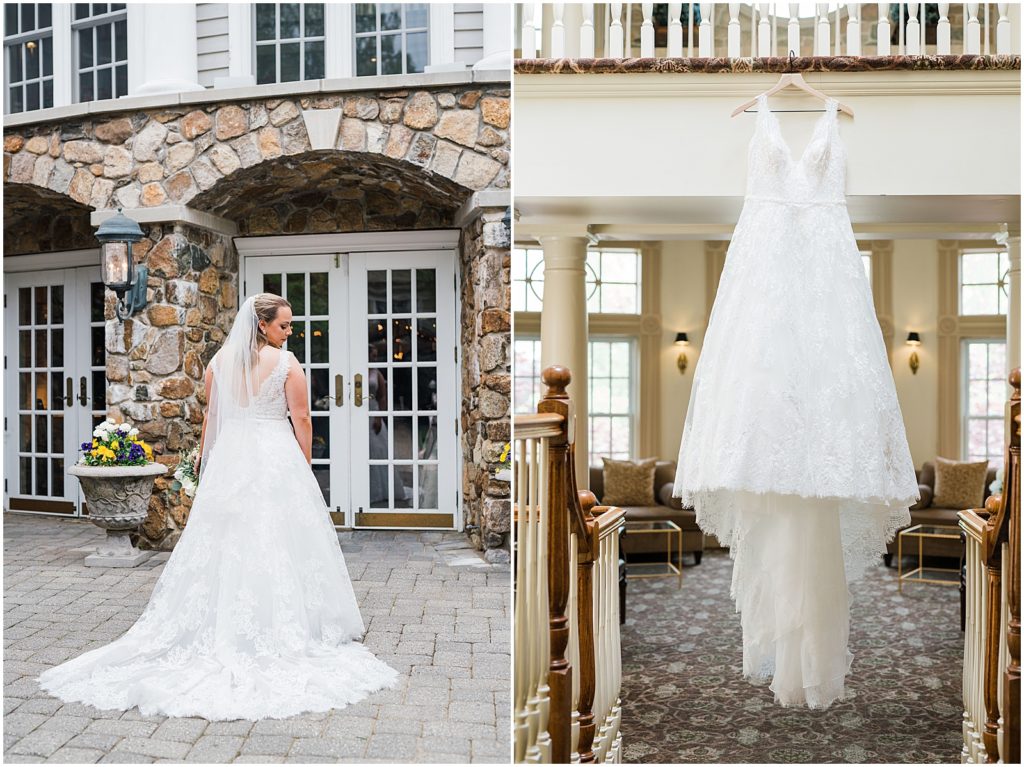 bride in her gown purchased from park avenue bridals in Cedar Grove NJ. Bridal gown hanging from the staircase at The Olde Mill Inn Wedding Venue in Northern NJ. by Renee Ash Photography 