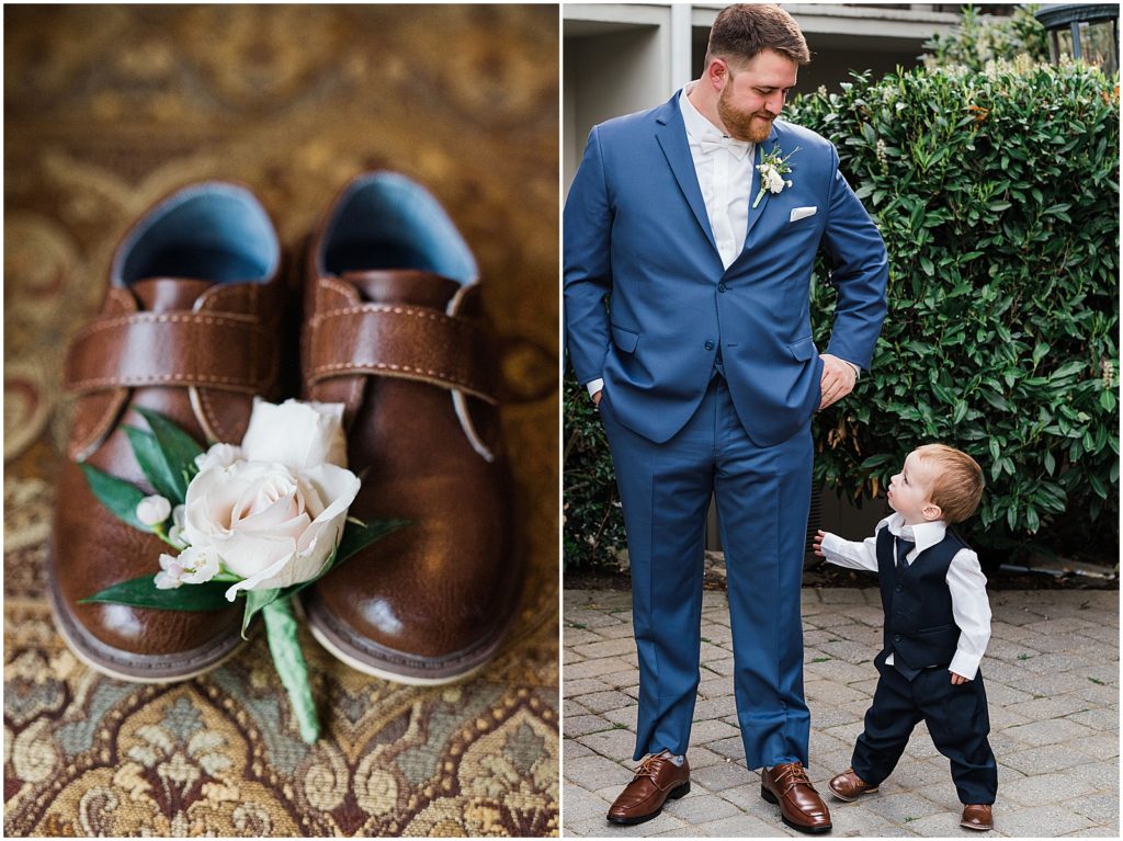 Father and son on their wedding day. Groom's toddler son and Groom. Ring bearer's shoes and boutonnièredetail photo. At The Olde Mill Inn Wedding Venue in Northern NJ. by Renee Ash Photography 