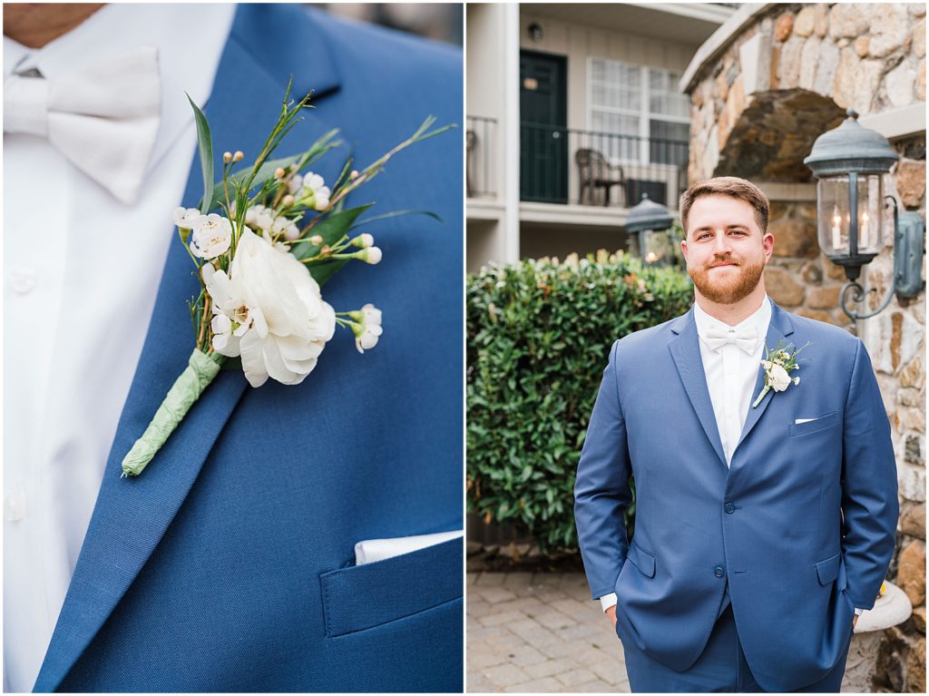 Groom in Navy blue suit and white bow tie, and a green and white boutonnière during a Spring wedding at The Olde Mill Inn Wedding Venue in Northern NJ. by Renee Ash Photography 