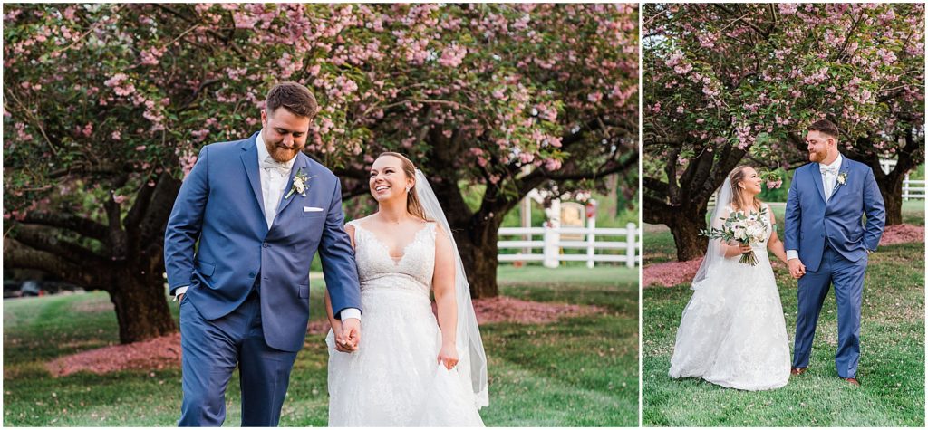 Spring blossom wedding photos. Bride and Groom portraits in the blossoms.  The Olde Mill Inn Wedding Venue in Northern NJ. Renee Ash Photography