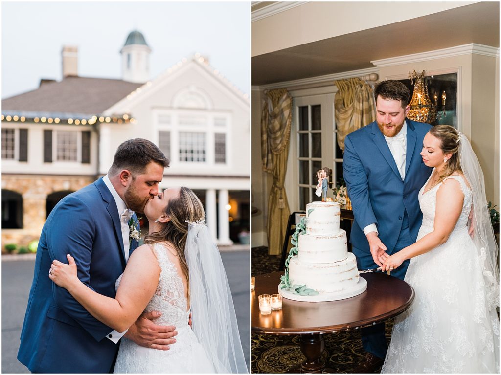 Simple naked wedding cake with greenery and custom cake topper. Cake cutting. The Olde Mill Inn Wedding Venue in Northern NJ. Renee Ash Photography