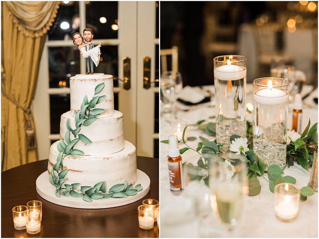 Simple naked wedding cake with greenery and custom cake topper. Simple greenery and candle centerpiece. The Olde Mill Inn Wedding Venue in Northern NJ. Renee Ash Photography