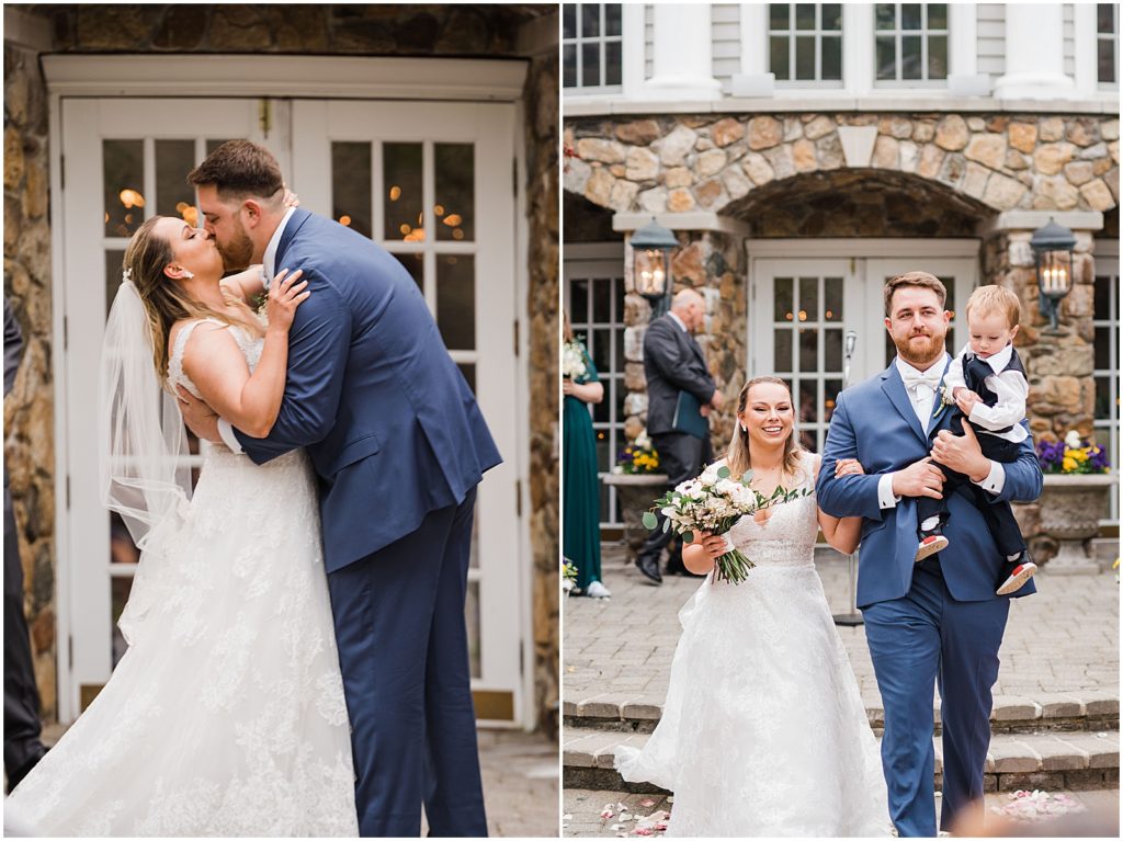 The bride and Groom's first kiss and carrying their toddler son back down the aisle as a family of three and husband and wife. In the courtyard ceremony space of The Olde Mill Inn Wedding Venue in Northern NJ. by Renee Ash Photography 