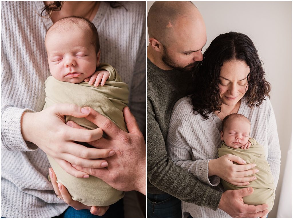 Family of three. Mom dad and baby boy in grays and greens. Newborn baby pictures Sparta NJ Renee Ash Photography