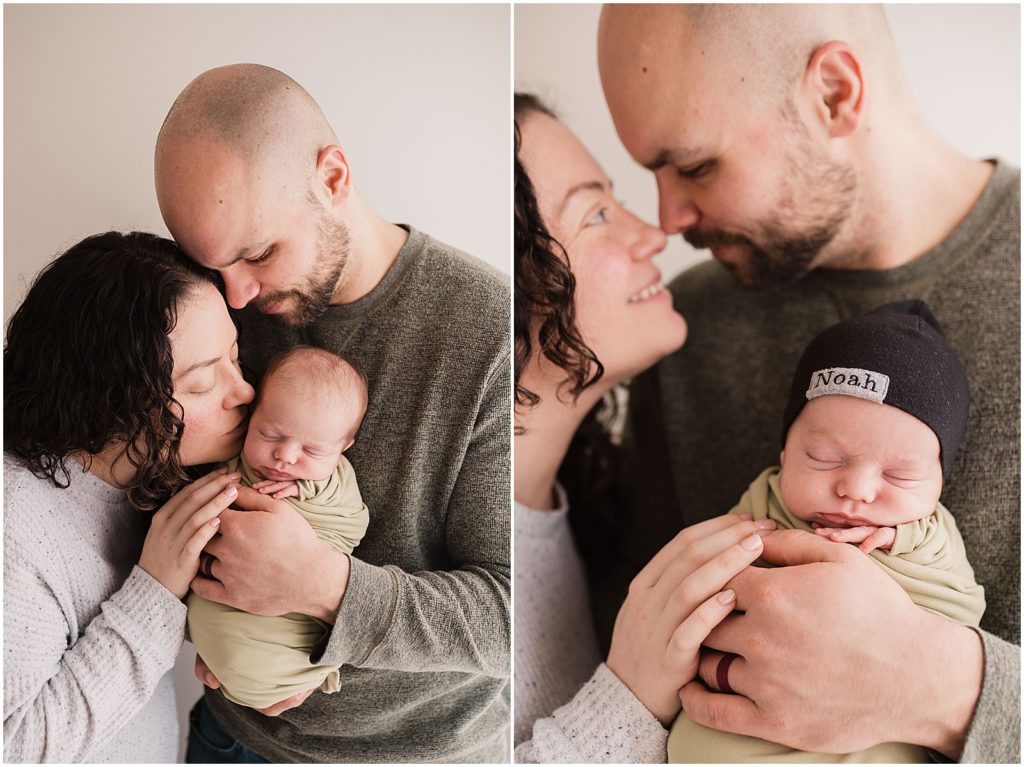 Family of three. Mom dad and baby boy in grays and greens. Newborn baby pictures Sussex County NJ Renee Ash Photography