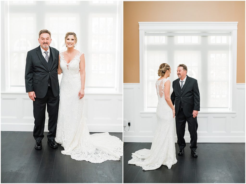 Father daughter first look on his daughter's wedding day. The Ryland Inn Coach House. Bridal Cottage