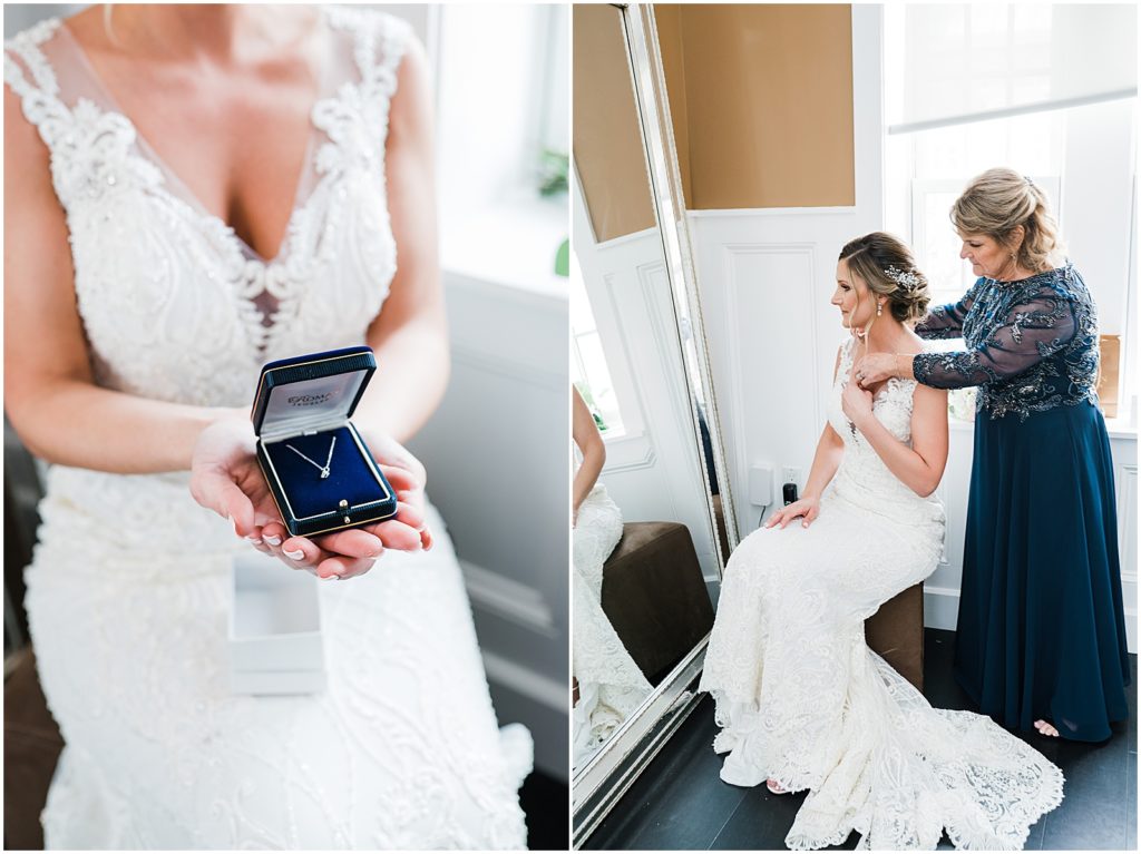 Mother helping her daughter put on her dainty diamond necklace on her wedding day. A gift from the groom to his bride on their wedding day in the Bridal Cottage at the Coach house at the Ryland Inn. New Jersey Wedding photographer