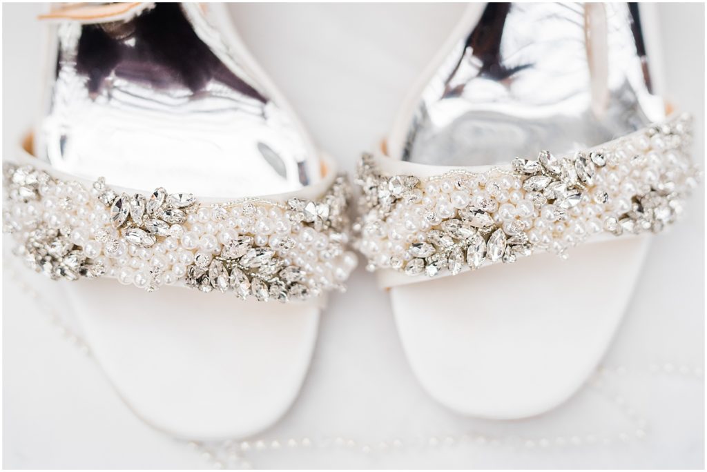 Clara Embelished Sandal by Badgley Mischka collection wedding shoes with white and silver beading The Coach House at Ryland Inn Wedding