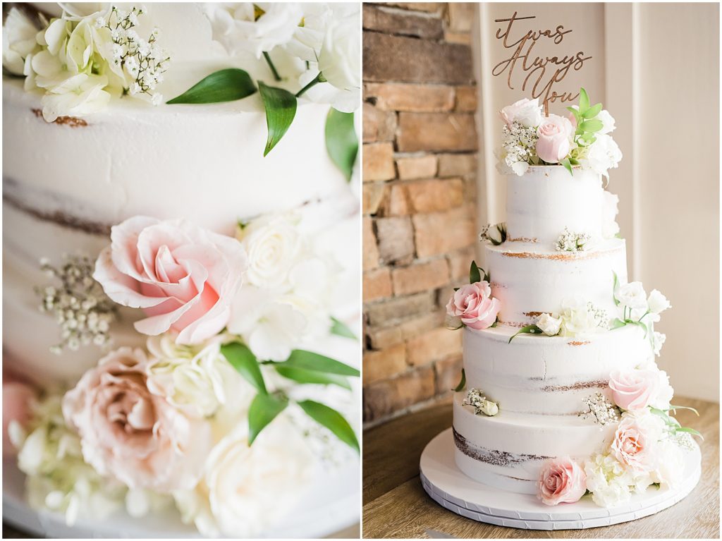 Three tier White naked wedding cake with pink roses and greenery. wooden "It was always you" cake topper. The coach house and the Ryland Inn Winter wedding. by Renee Ash Photography