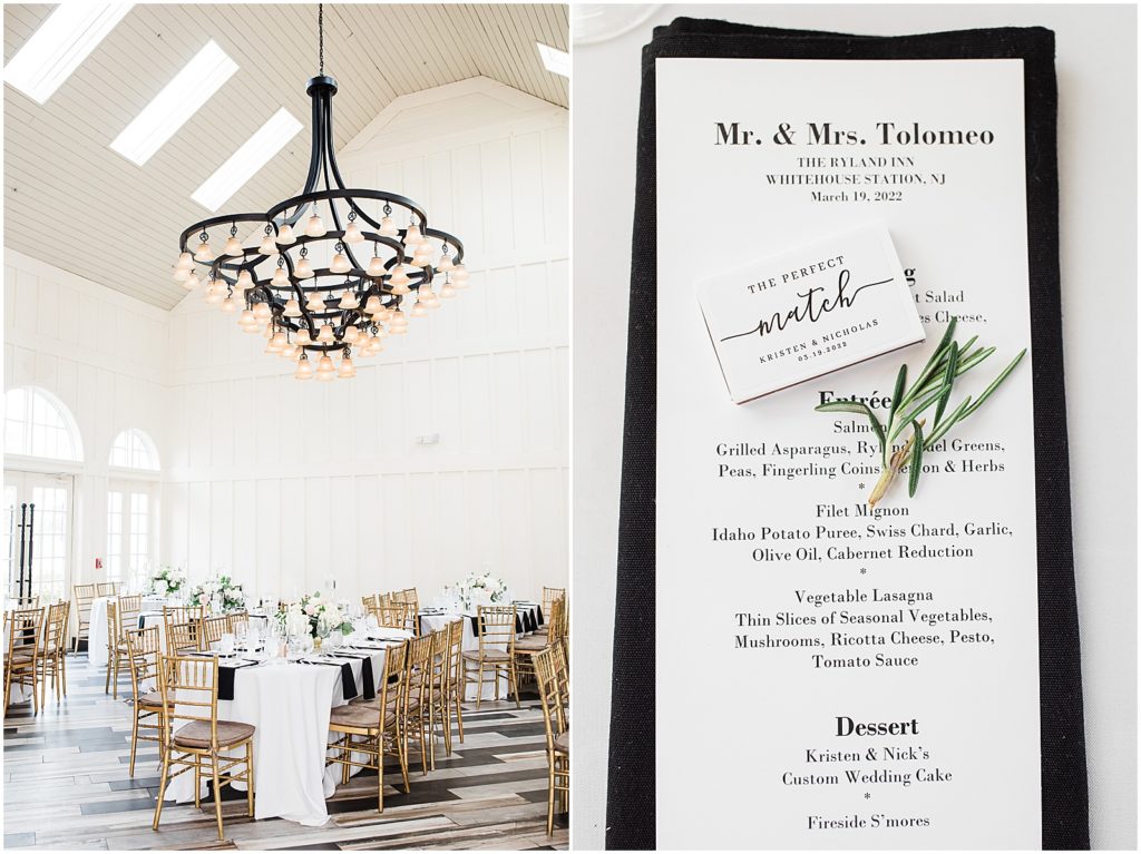 The perfect match favors. Black and white menu and napkin place setting The coach house and the Ryland Inn Winter wedding. by Renee Ash Photography