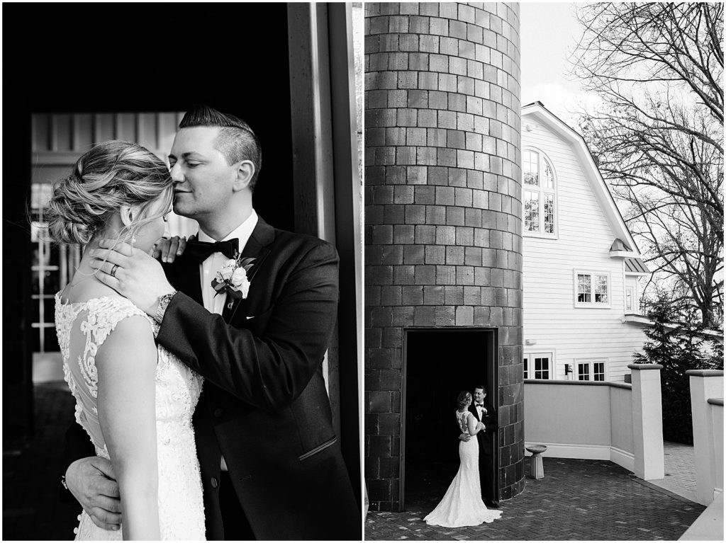 Bride and groom photos in the silo  at the coach house and the Ryland Inn Winter wedding. by Renee Ash Photography