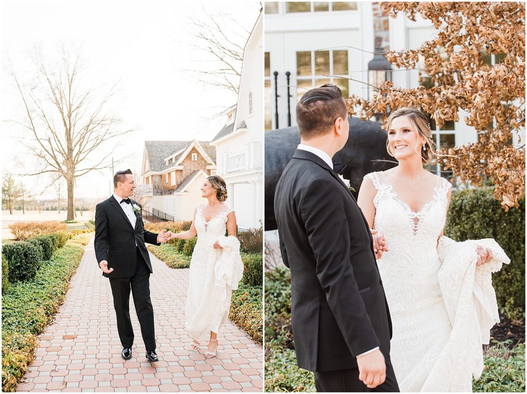 Bride and groom photos in front of the coach house and the Ryland Inn Winter wedding. by Renee Ash Photography