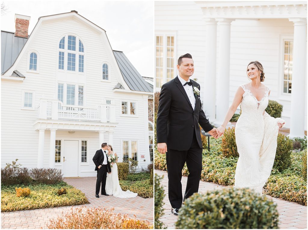 Bride and groom photos in front of the coach house and the Ryland Inn Winter wedding. by Renee Ash Photography