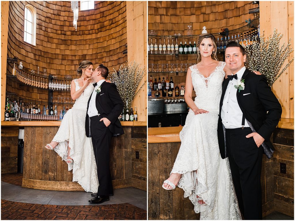 Bride and groom photos in the silo bar at the coach house and the Ryland Inn Winter wedding. by Renee Ash Photography