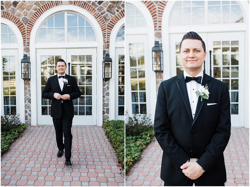 Groom photos in front of the coach house and the Ryland Inn Winter wedding. by Renee Ash Photography