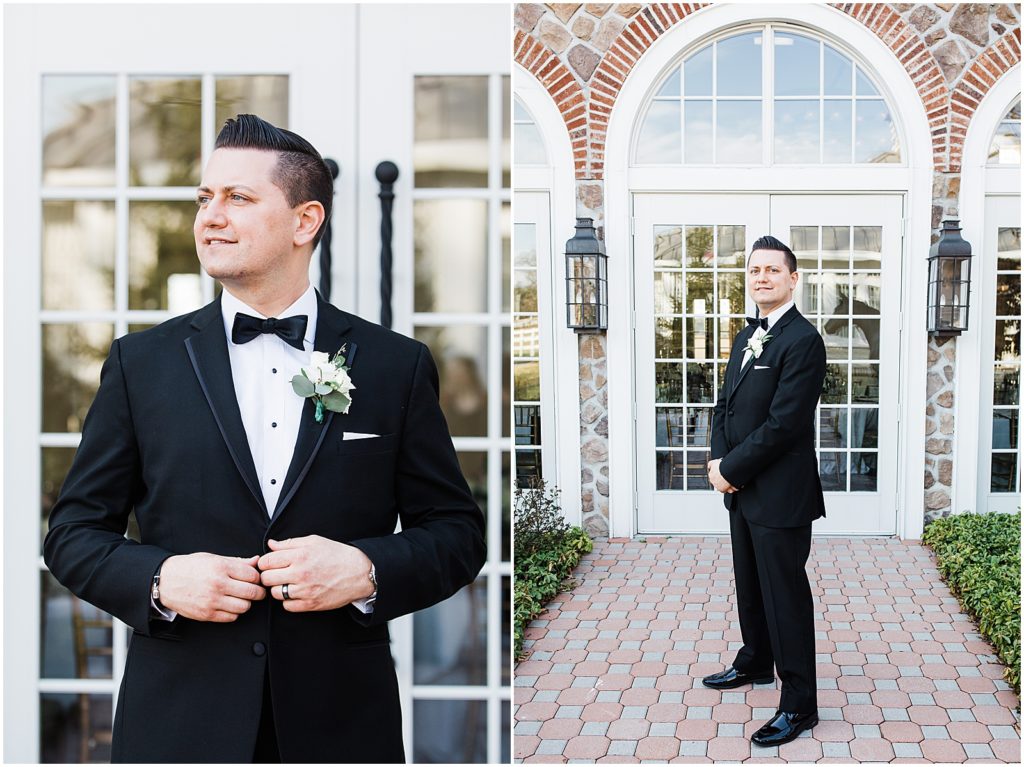 Groom photos in front of the coach house and the Ryland Inn Winter wedding. by Renee Ash Photography