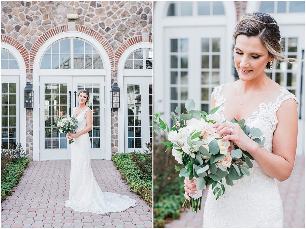 Bride photos in front of the coach house and the Ryland Inn Winter wedding. by Renee Ash Photography