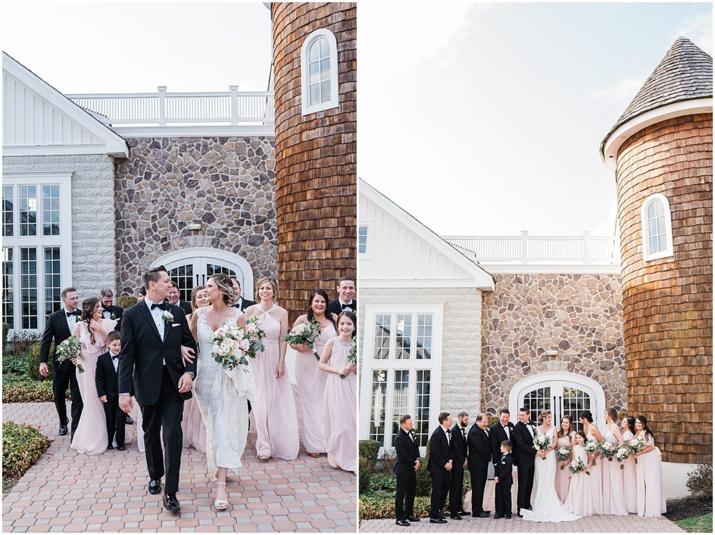 Bridal party portraits in front of the coach house and the Ryland Inn Winter wedding. by Renee Ash Photography