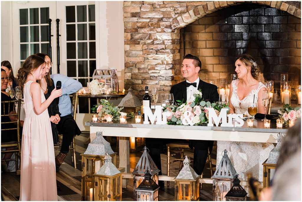 Junior bridesmaid speech at The coach house and the Ryland Inn Winter wedding. by Renee Ash Photography