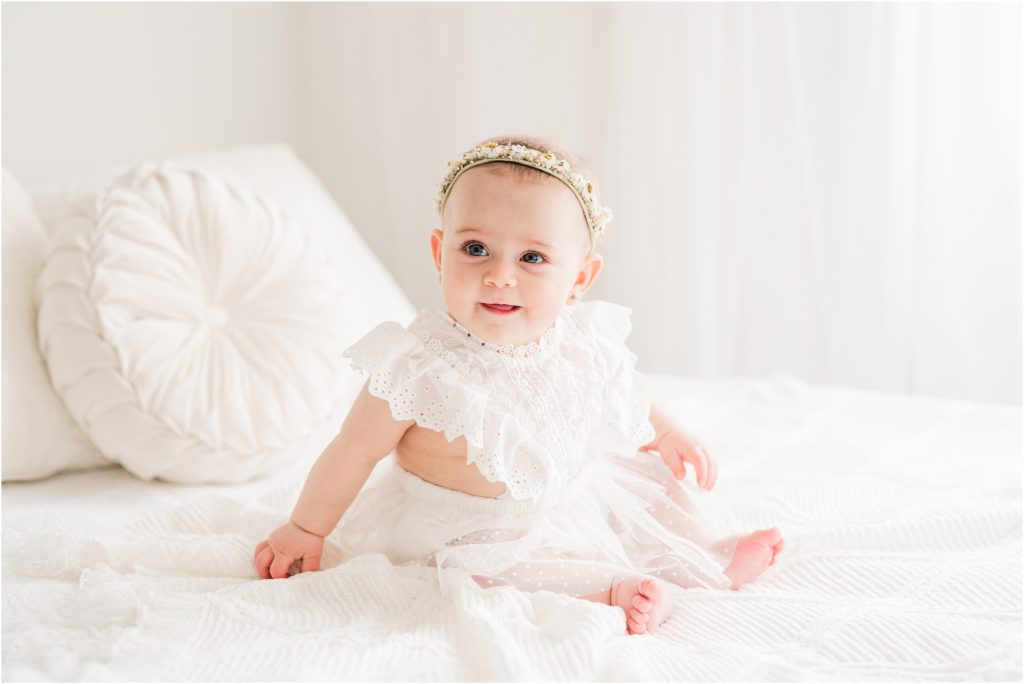 sitter baby pictures. Simple white natural baby milestone photographer in Sussex County New Jersey
